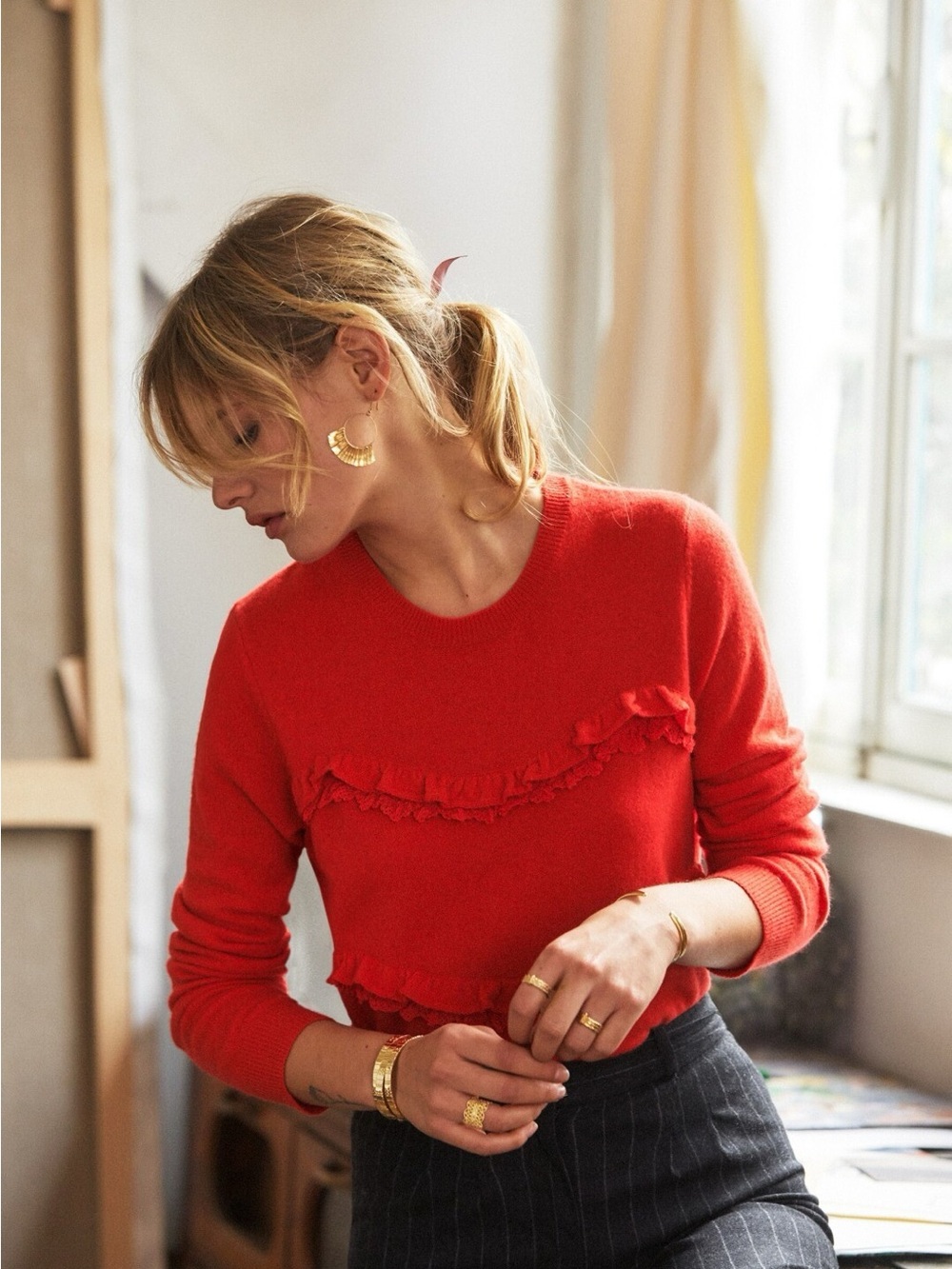 Sézane Red Ruffle Trim Wool Cashmere Sweater Size Large